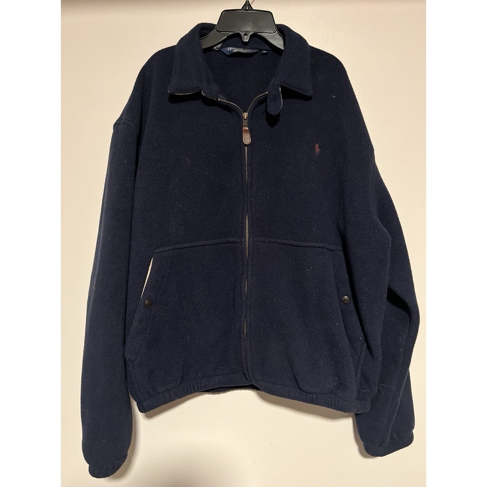Vintage 90s Polo Ralph Lauren Fleece Zip Up Jacket Mens L Pony Logo Navy Blue